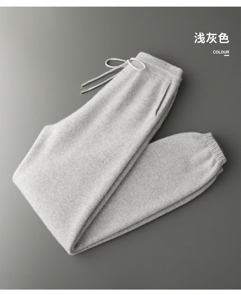 Autumn Winter New Thickened 100% Pure Cashmere Pants for Men High Waist Knitted Jogger Pants Solid Color Versatile Harem Pants.