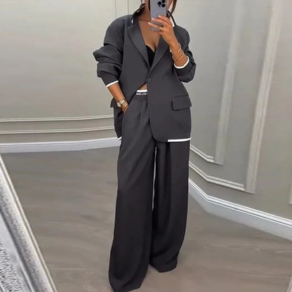 Autumn Winter Blazer Jacket Set Woman Elegant Single Button Lapel Cardigans & Wide Leg Trousers Suit Elegant Solid Office Outfit.