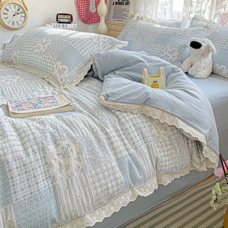 2025 new small fresh printing French lace lace double four-piece set bedding wrinkled yarn student three-piece set