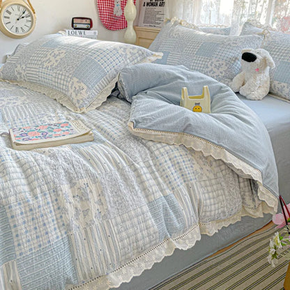 2025 new small fresh printing French lace lace double four-piece set bedding wrinkled yarn student three-piece set