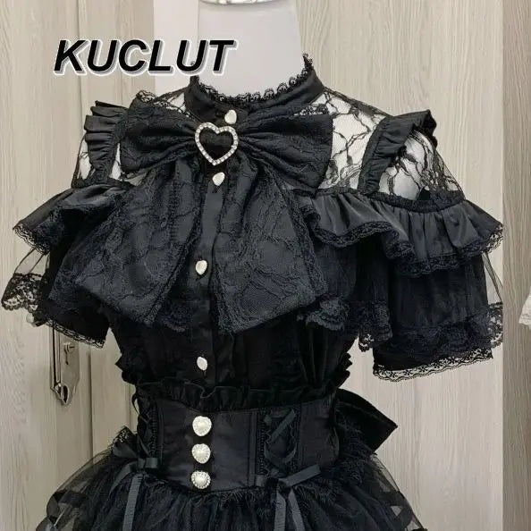 Japanese Mine Lolita Bow Shirt Subcultural Shirts Female Cute Black and White Lace Long-sleeved Short-sleeved Blouse Women.