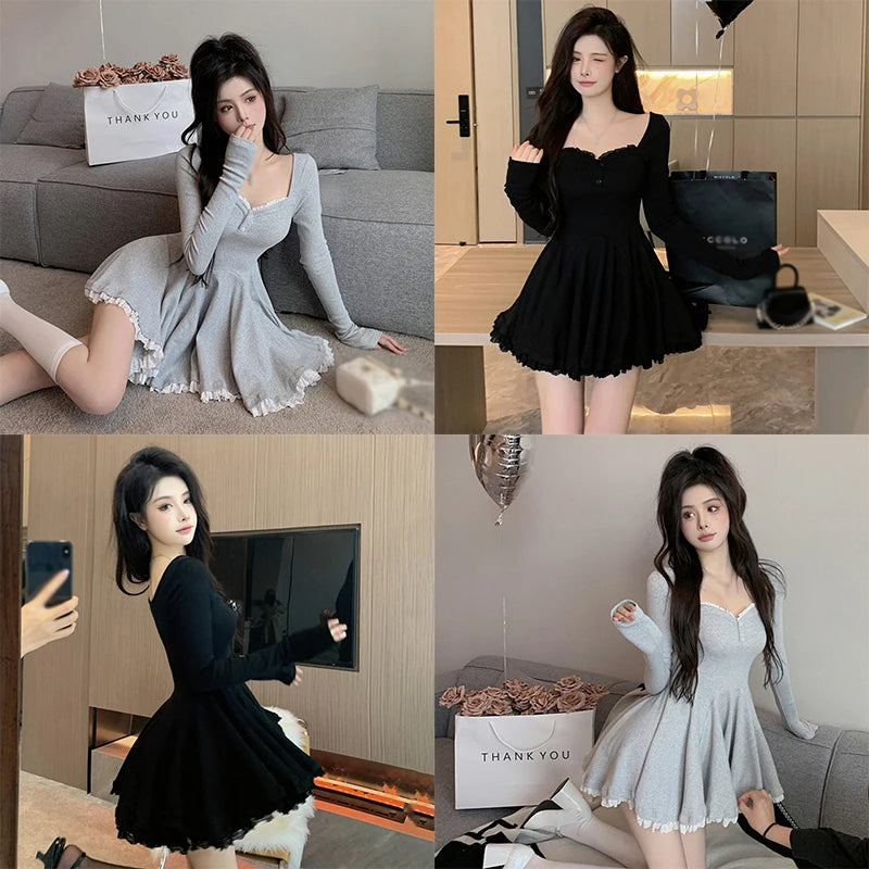 Sexy koreanisches Kleid im französischen Stil, Taille geschlossen, lange Ärmel, Schlüsselbein, freigelegt, süß.