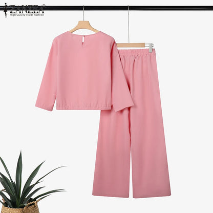 ZANZEA 2025 Women Autumn Matching Sets Solid Outfits Vintage Casual O Neck Long Sleeve Tops Pant Sets Fashion OL Work Tracksuit