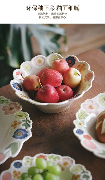 Floral Embossed Rim Soup Dessert Plate - Elegant Ceramic Appetizer Dish for Breakfast, Cafe Dining, Home Kitchen Tableware Set