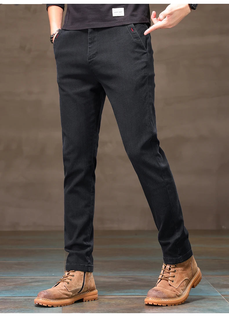 Men's Business Casual Pants Stretch Slim Fit Straight Semi-elastic Waist Trousers Solid Classic Office Work Male Clothing.