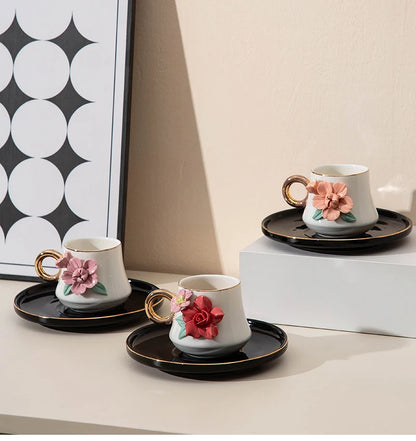 120ml Ceramic Coffee Cup Saucer Set Hand Pinched Flowers with Hand and Dish Milk Tea Porcelain Drinkware Tableware Gift.