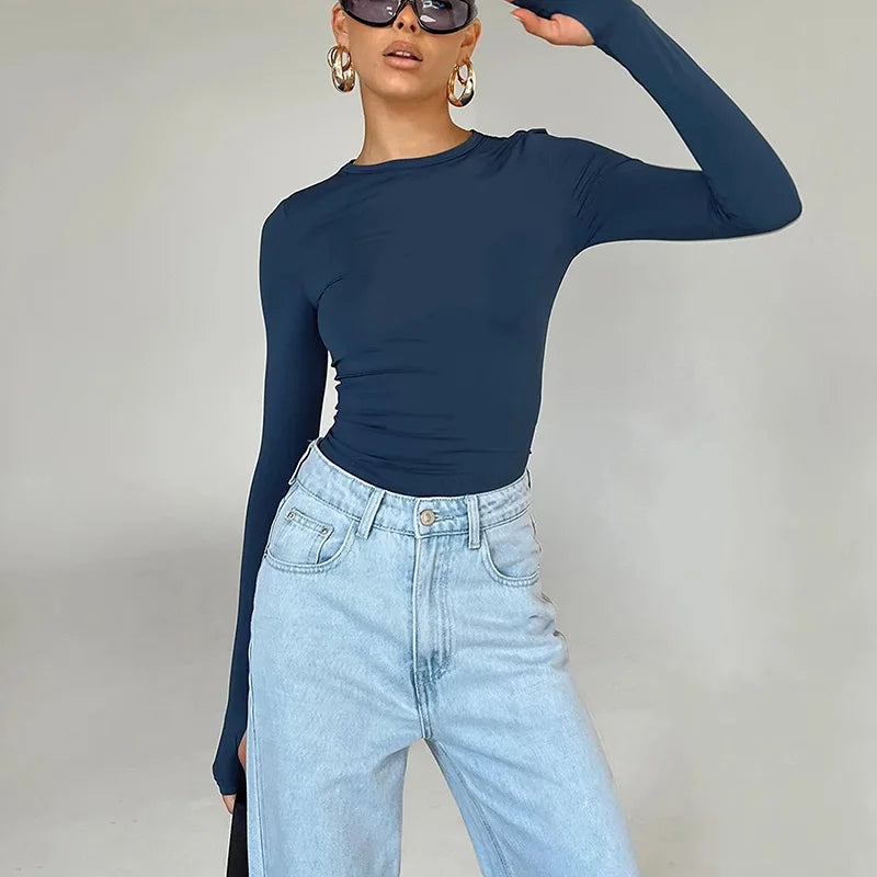 Modisches Damen-T-Shirt mit langen Ärmeln, Rundhalsausschnitt, solides Slim-Fit-Damen-Crop-Top mit Daumenlöchern für den täglichen Streetwear-Sommer-Camis