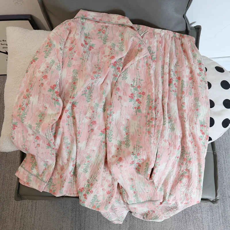 Autumn and Winter Pajamas Women Long Sleeve Pants Cardigan Sweet Print Cartoon Student Plus Size Loungewear Two-Piece Set.