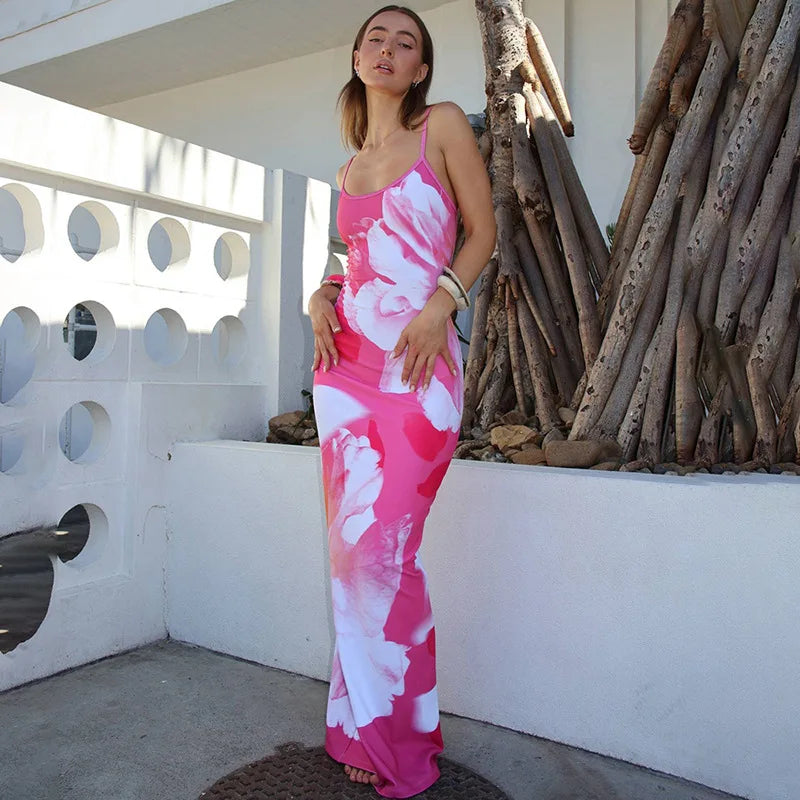 Gedruckt Spaghetti Hot Backless Maxi Kleid Frauen Mode Schlank Elegante Kontrast Patchwork Halter Kleider Herbst Lange DressZ