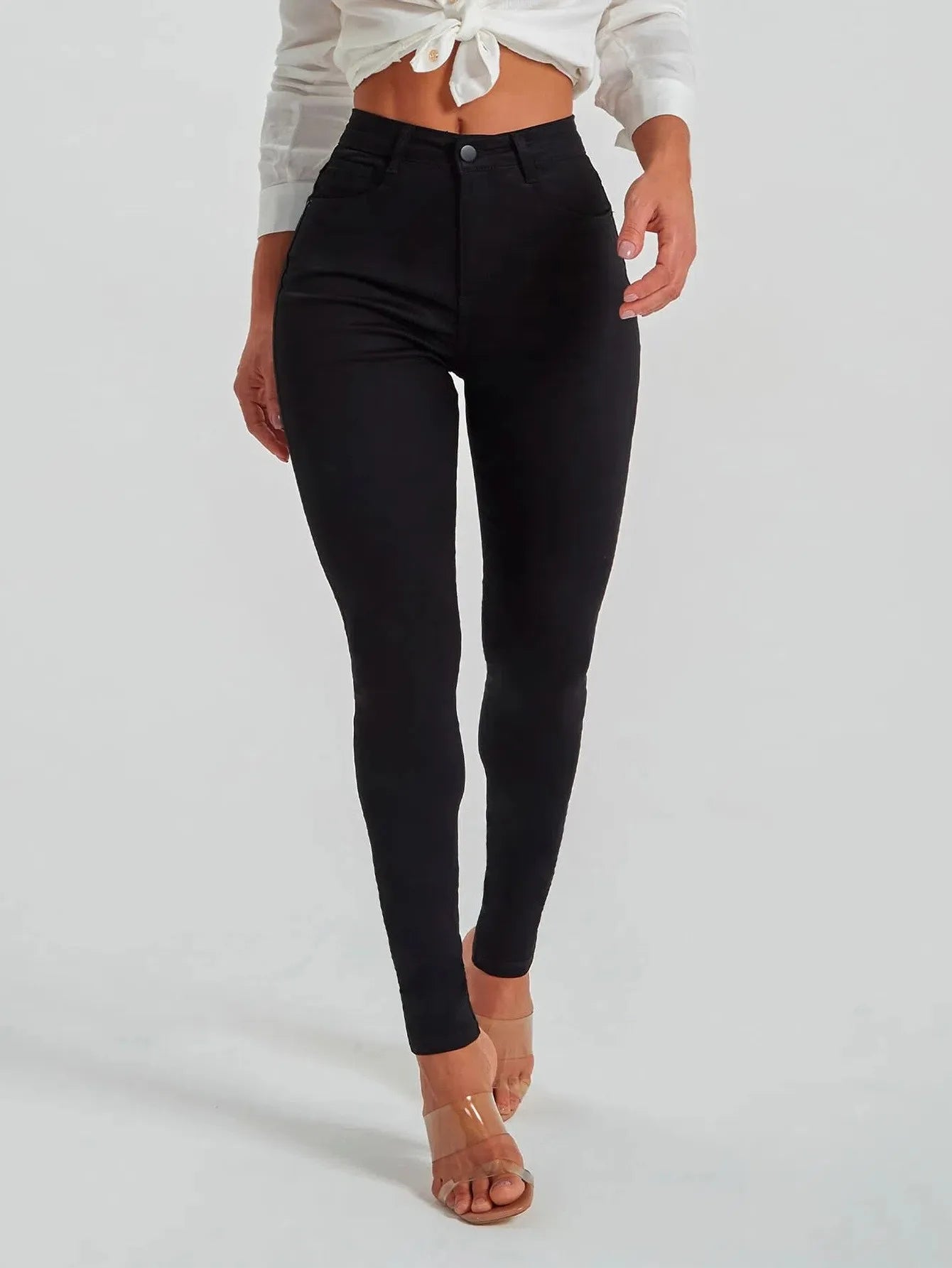 Women's Mid-Waist Slim Fit Black Denim Pants Elastic Casual Style Comfortable Cotton Long Trousers Versatile All-Season Jeans.