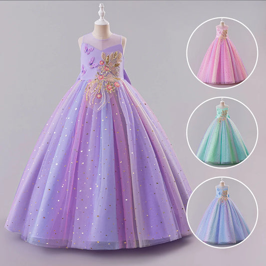 Elegantes, ärmelloses Tüll-Ballkleid für Kinder, Bühnenaufführungen, Hochzeiten, Weihnachten, Mädchenkleider, Mädchen-Prinzessin-Partykleider