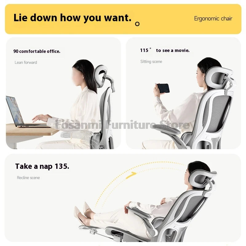Verstellbarer, ergonomischer Liegestuhl für das Heimbüro mit Fußstütze, atmungsaktive Mesh-Computer-Gaming-Drehstühle mit Lordosenstütze