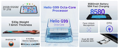 DOOGEE T40 Android Tablet 14 11 ''IPS 2.5K 8GB RAM 512GB ROM Helio G99 8580mAh 18W Charge Face Unlock 7.6mm ultra-thin Tablet.