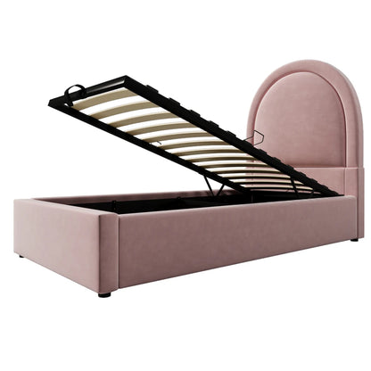 Rosa Samt-Einzelbett 90 x 200 cm für Kinder, Jungen, Mädchen, Kinderbettgestell, Kinderbett ohne Matratze