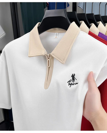 Luxury brand short sleeve polo shirt men's fashion Pony embroidered summer trendy breathable casual color blocked lapel T-shirt