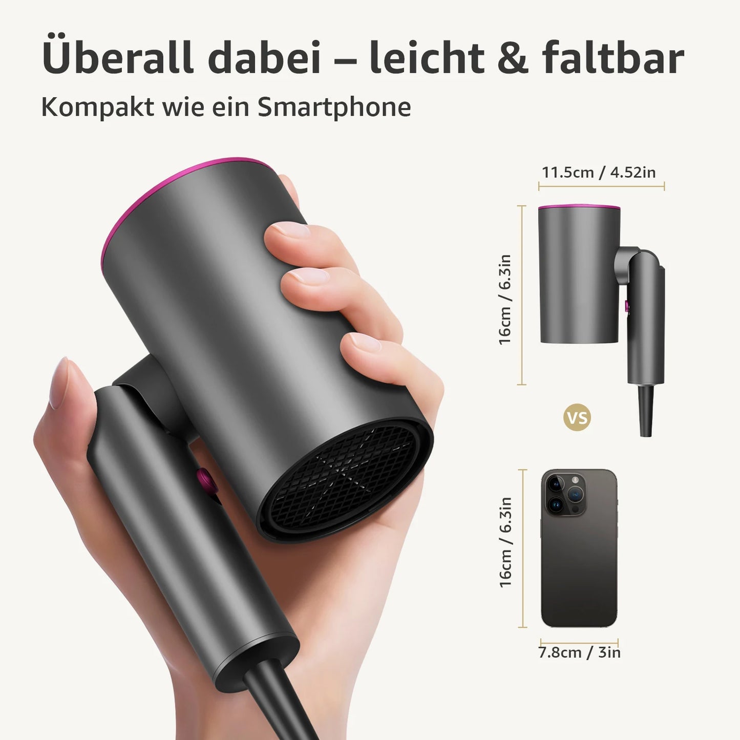 Professional hair dryer with negative ion technology & quick drying in minutes – 3 speed/heat settings (High/Low/ECO)