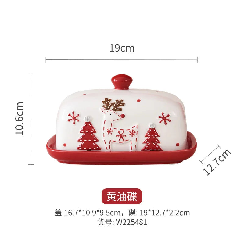 Nordic Stitching Santa Claus Dishes Plates Tableware Set Embossed Sealed Jar Seasoning Jar Western Ceramic Flat Plate Cup