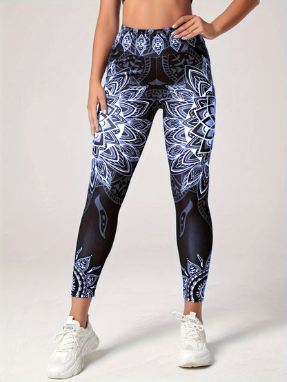 Lotus patterned high waisted leggings, suitable for yoga, running, and dancing as hip lifting sportswear - sporty and fashionabl.
