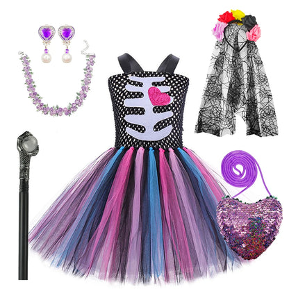 Halloween Kinder Kleid Cosplay Herz druck Skelett Kostüme Mädchen Blumen Schädel Tutu Kleidung Kinder Karneval Leistung Outfits