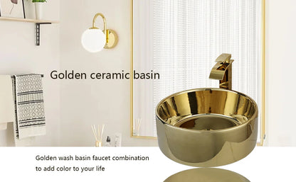 Kemaidi 14.6 ''Gold rundes Gefäß Waschbecken mit Wasserhahn Keramik Gefäß Waschbecken Waschbecken über Theke Gefäß Waschbecken
