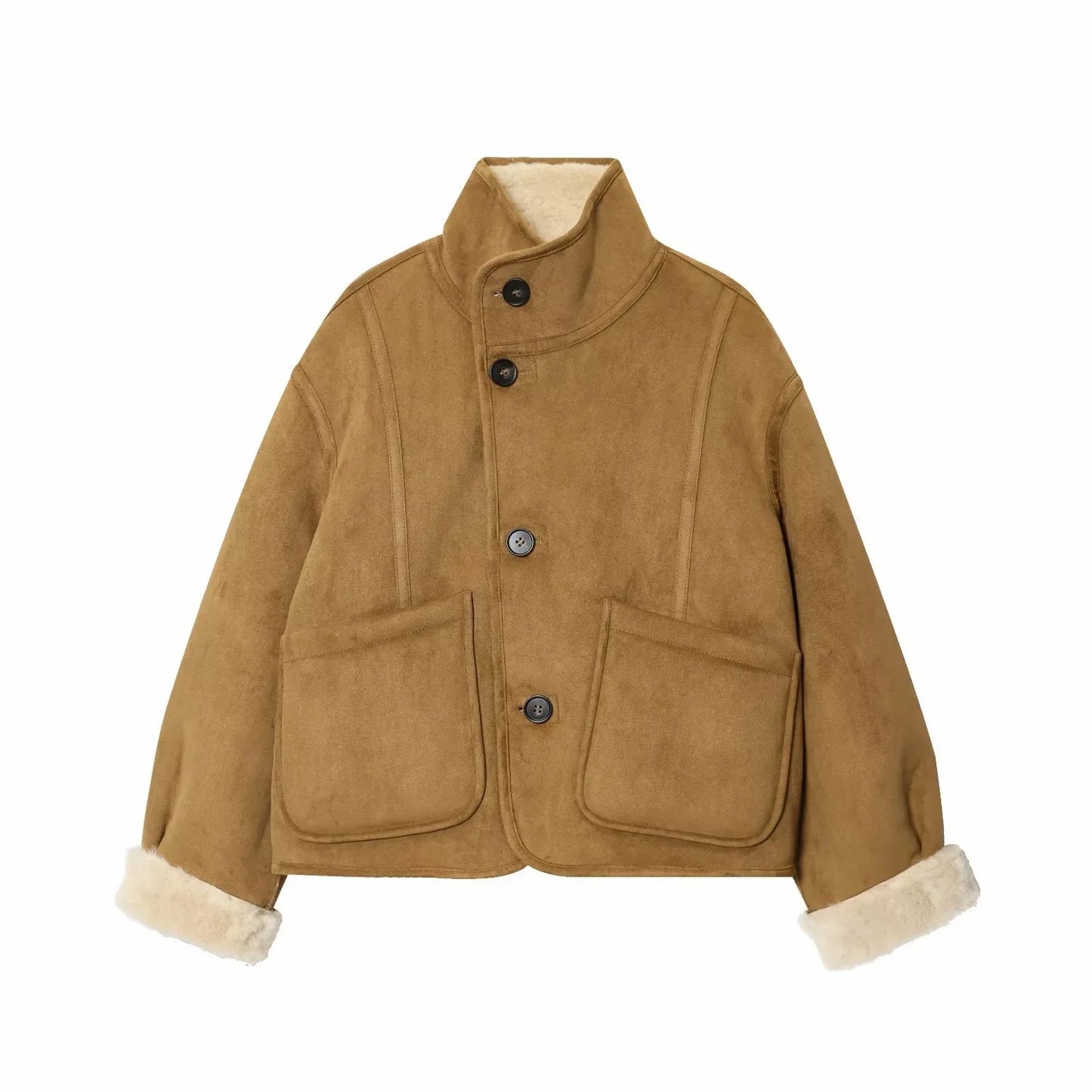 Frauen 2025, doppelseitig zu tragen, Lammsamtmantel, Damenmode, Stehkragen, einreihige Tasche, kurze Jacke, Damenoberbekleidung