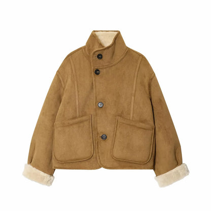 Frauen 2025, doppelseitig zu tragen, Lammsamtmantel, Damenmode, Stehkragen, einreihige Tasche, kurze Jacke, Damenoberbekleidung