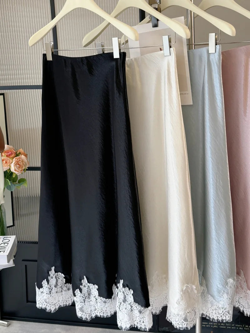 Satin Lace Patchwork Midi Skirt 2025 Women A-line Elegant Smooth Skirt Women Clothing.