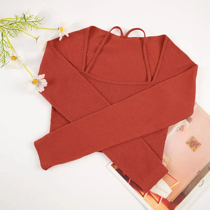 CHRLEISURE Ribbed Seamless Crop Top Women's Long Sleeve Sports Shirt  Elastic Slim Workout Tee Outdoor Yoga Shirts Gym Wear.