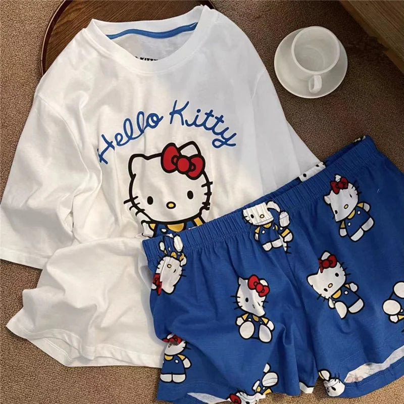 Hello Kitty Pyjamas für Damen, kurzärmelig, Freizeitkleidung, Heimkleidungsset, Cartoon-Süßes Mädchen, Geburtstagsgeschenke.