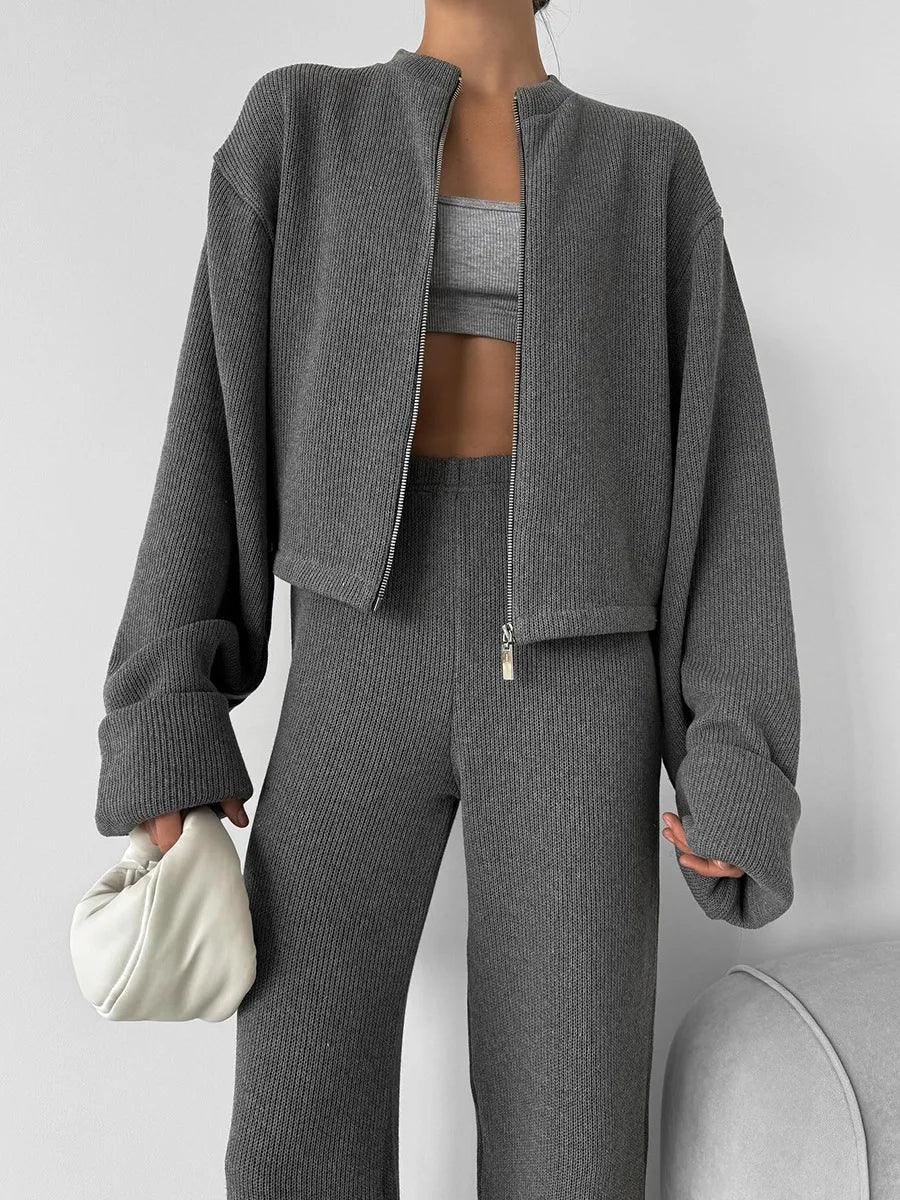 Knit Women 2 Piece Outfit Round Neck Zipper Loose Cuffs Cropped Coat For Lady Sporty Elatic Waist Autumn Female Wide Leg Pants.