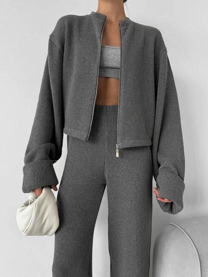 Knit Women 2 Piece Outfit Round Neck Zipper Loose Cuffs Cropped Coat For Lady Sporty Elatic Waist Autumn Female Wide Leg Pants.