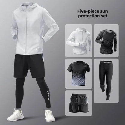 5pcs Men's Lightweight Summer Ice Silk Athletic Set Quick-Dry Running Clothes Outdoor Kit Cycling Fitness Men's Sportswear Set.