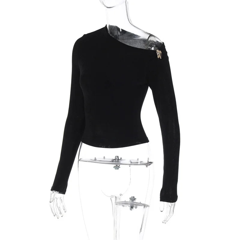 Blifanbo Oblique Shoulder Long Sleeve Tops For Women Metal Buckle Slim Fit Sexy Solid Color Bodycon Fashion BasicTop Streetwear.