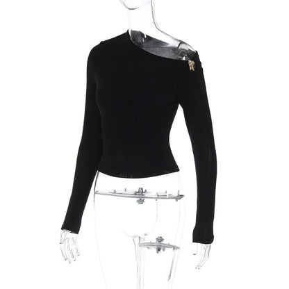 Blifanbo Oblique Shoulder Long Sleeve Tops For Women Metal Buckle Slim Fit Sexy Solid Color Bodycon Fashion BasicTop Streetwear.