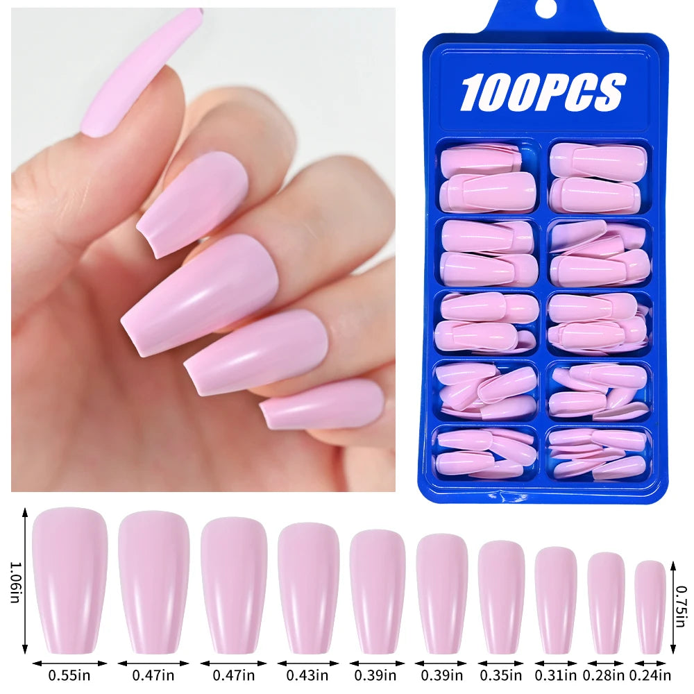 100Pcs Light Pink Press on Nails Short Medium Square Wearable Fake Nails Tips 10 sizes Full Cover False Nails Finger Decoration