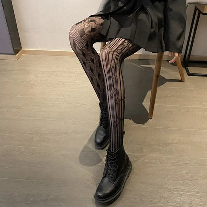 Women Sexy Patterned Fishnet Geometric patterns Pantyhose Slim Legs Long Mesh Tights Ladies Transparent Retro Fish Net Leggings