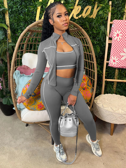 Weird Puss Casual 3 Piece Set Women Tracksuit Elastic Vest+Zip Jacket+Leggings Matching Street Sporty Fitness Street Shapewear.