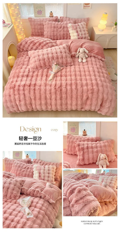 2024 new light luxury rabbit velvet four-piece set thickened warm milk velvet rabbit hair tie-dye bed sheet quilt cover