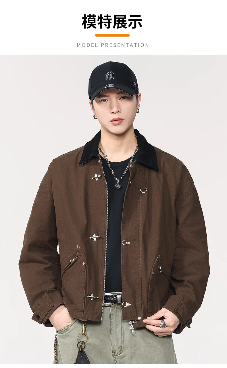 Men Washed Cotton Metal Buckle Streetwear Vintage Loose Casual Short Bomber Cargo Jacket Couple Spring Autumn Coat Outerwear.