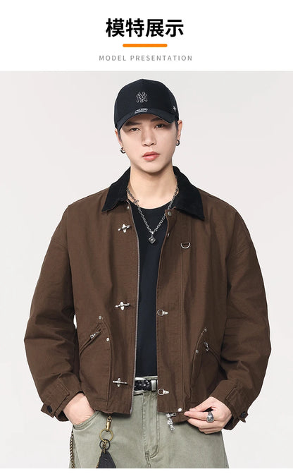 Men Washed Cotton Metal Buckle Streetwear Vintage Loose Casual Short Bomber Cargo Jacket Couple Spring Autumn Coat Outerwear.