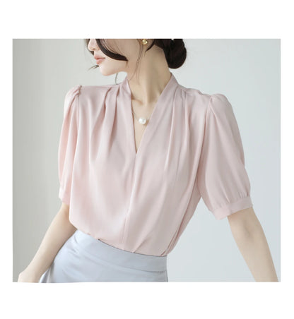 2025 Fashion Summer Short Sleeve V-Neck Women Blouse White Blouse Shirt Women Tops Blouses Shirts Blusas De Mujer Camisas P856