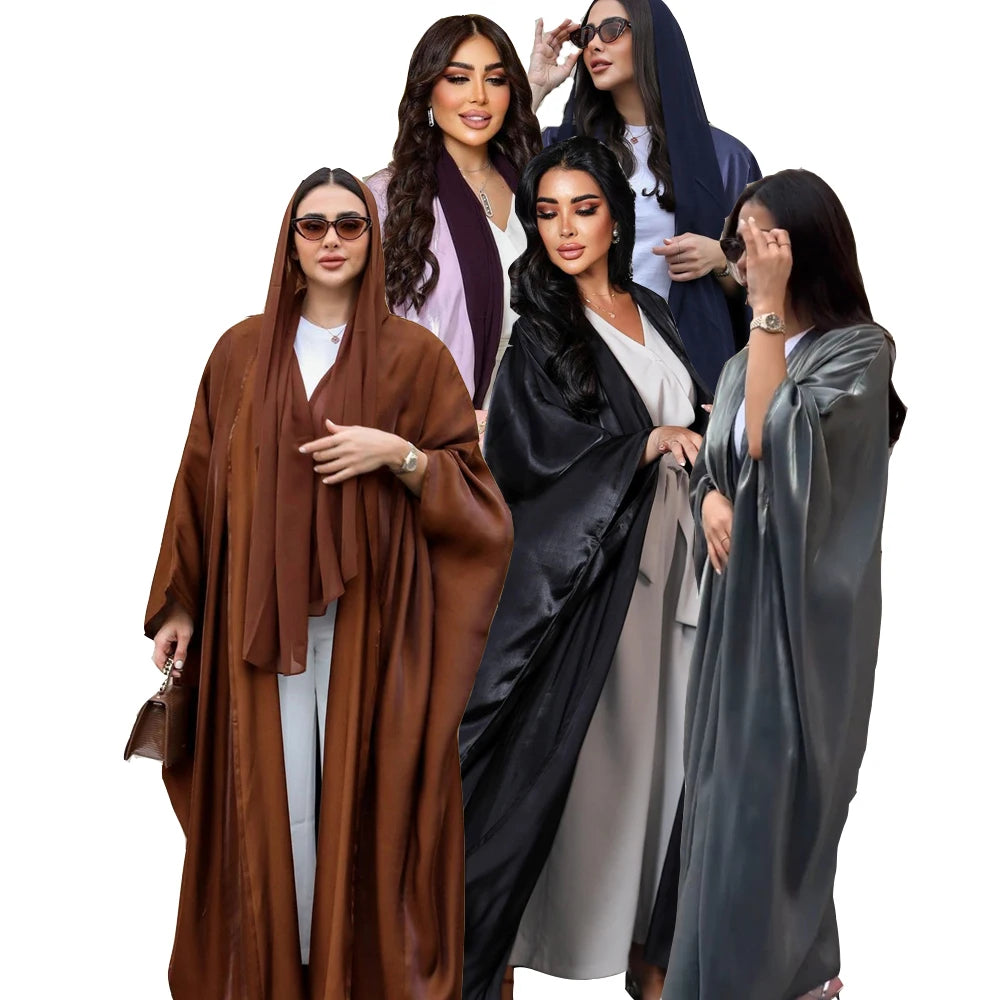 Ramadan Dubai Pink Satin Modest Open Butterfly Batwing Kimono Abaya Cardigan Islam Muslim Dress For Women Kebaya Robe Musulmane.