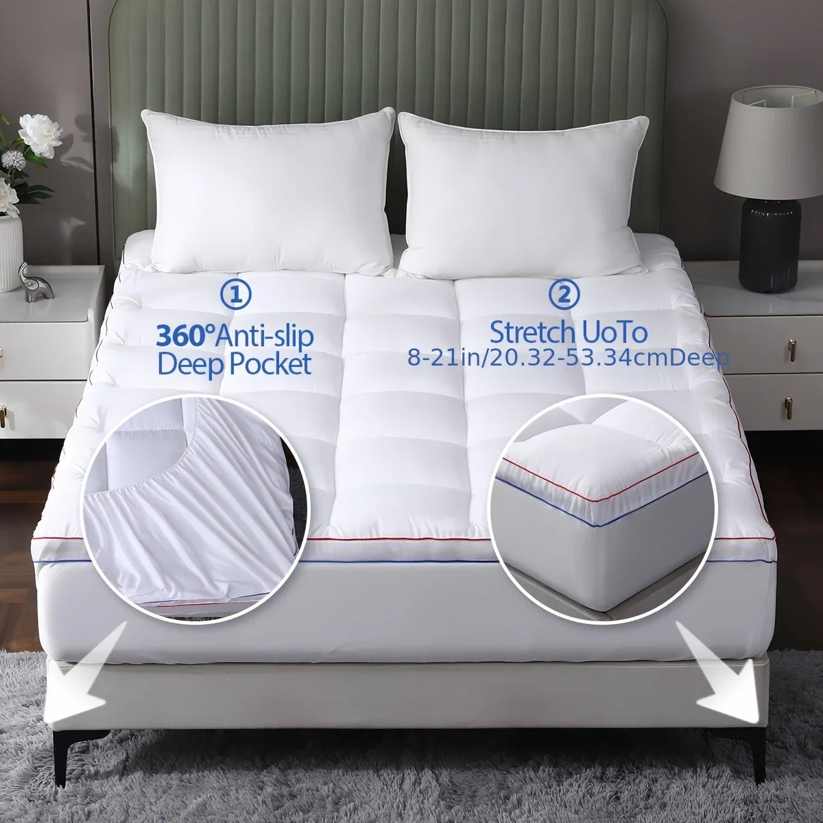 Cooling Mattress Topper , Extra Thick Mattress Pad Pillow Top Mattress Cover Quilted Fitted Mattress Protector.