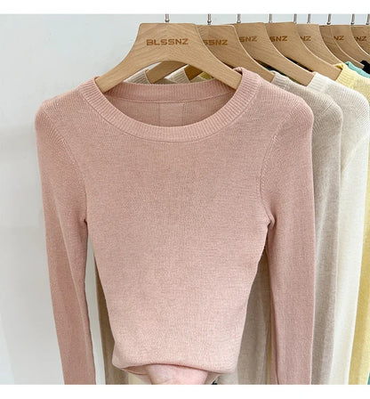 Spring  Basic O-Neck Slim T-Shirt Women Solid Multi Color All-Match Trend Casual Top Screw Knit Long Sleeve Elastic Office Lady.