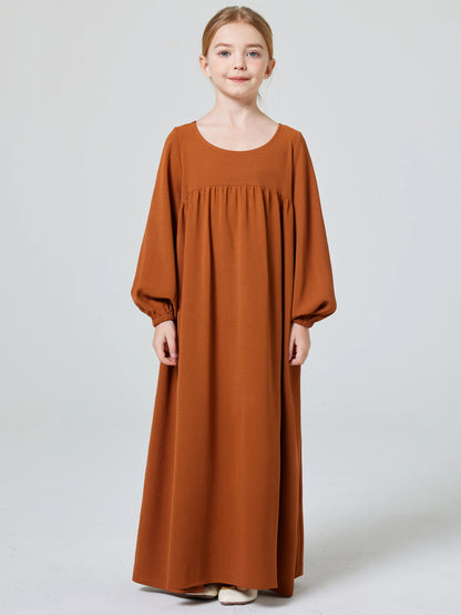 Kids Abaya Ramadan Muslim Dubai Elegant Girl's Solid Crew Neck Long Sleeve Kaftan Kebaya Dress For Party Pray Gift.