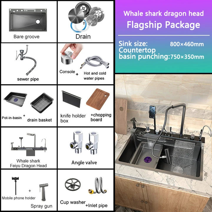 Household Digital Display Piano Button Waterfall Faucet Stainless Steel Kitchen Sink Large Single Bowl Multifunctional Wash Slot