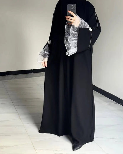 Summer Black Abaya for Muslim Women Elegant Dubai Modest Dress with Lace Sleeves Islamic Vacation Outfit 2025 Turkey Kaftan Robe.