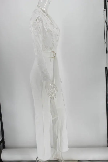 Women White Jumpsuit Lace Stitching Long Sleeve V-neck Large Size Wide Leg Pants Office Lady  Jumpsuits for Woman Lugentolo.