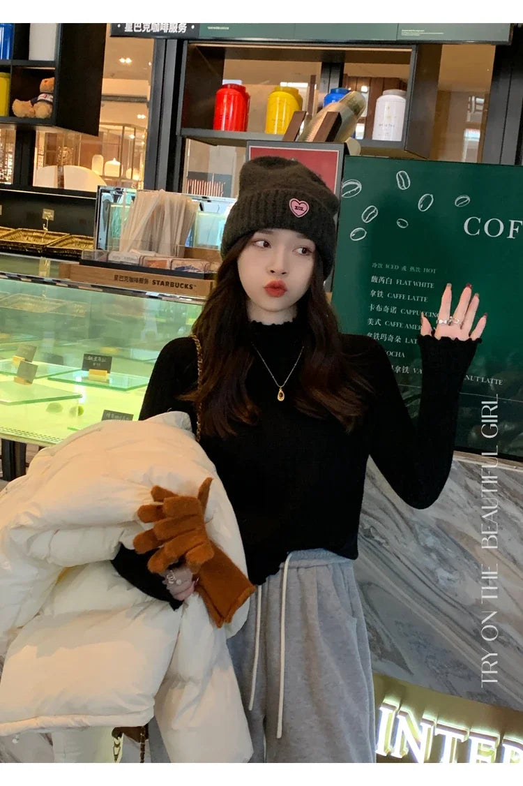 2025 Korea Geraffte Rollkragen Frauen Pullover Herbst Winter Warme Pullover Schlank Tops Gestrickte Pullover Jumper Weiche Pull Weibliche