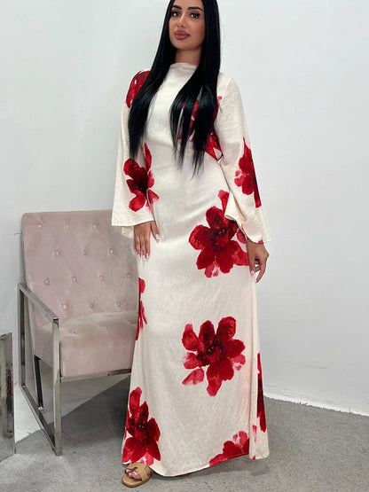 Women Arabic Eid Muslim Dubai Abaya Dress Luxury Fashion Flower Print Long Dress Kaftan Robe Femme African Islam Clothing Kebaya.